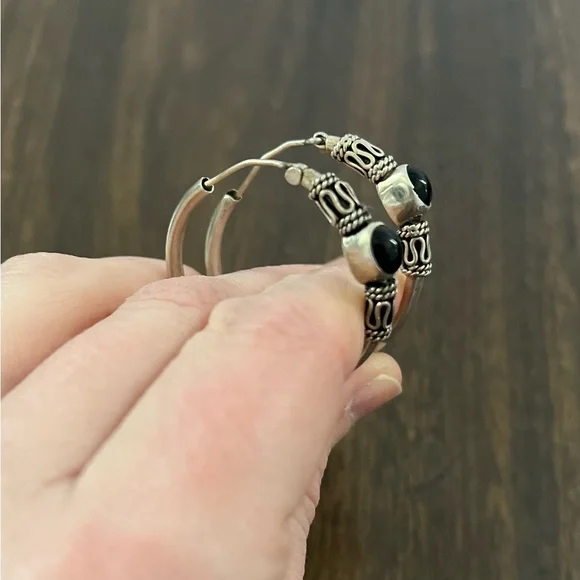 Vintage 925 Sterling Silver Black Onyx Hoop Earrings Ornate Boho Swirl Design 🖤✨ - Picture 8 of 9